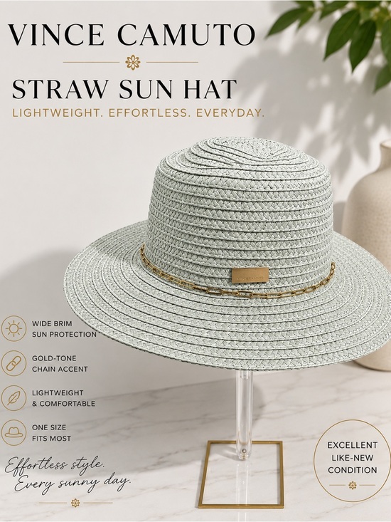 Vince Camuto Accessories - Vince Camuto Seafoam/Sage Straw Sun Hat Gold Chain Accent Wide Brim EUC